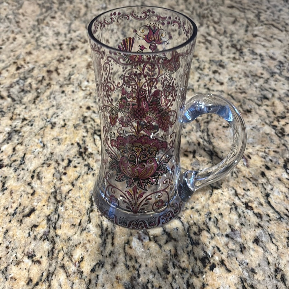 Bohemian Glass Marriage Tankard Beautifully Decorated Pink Flowers and Birds